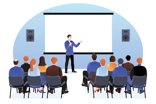 Group of people at the seminar, presentation or conference. Vector flat cartoon illustration. Professional speaker coach speaks to the audience. Business training, coaching and education concept.